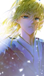 Rule 34 | 1boy, absurdres, backlighting, bishounen, blonde hair, blue eyes, blue gemstone, blue hanfu, blue ribbon, blurry, chinese clothes, chinese commentary, driedpersimmonisverydelicious, earrings, eyelashes, falling petals, floating hair, floral print, gem, hair between eyes, hair ribbon, hanfu, highres, huang shaotian, huang shaotian (troubling rain), jewelry, light particles, long hair, looking at viewer, male focus, official alternate costume, official alternate hair length, official alternate hairstyle, parted lips, petals, ponytail, portrait, quan zhi gao shou, ribbon, simple background, single earring, solo, upper body, white background, wind