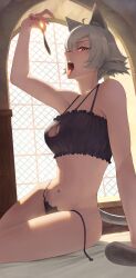 absurdres animal_ears aqwariate arm_support black_bra black_panties bra breasts cat_cutout cat_ear_panties cat_ears cat_girl cat_lingerie cat_tail cleavage_cutout clothing_cutout food frilled_bra frills grey_hair highres holding holding_food indoors large_breasts meme_attire mushoku_tensei open_mouth panties red_eyes rinia_dedoldia short_hair tail tongue tongue_out underwear window