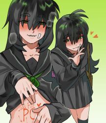 1girl absurdres black_hair black_skirt blush body_writing clothes_lift degrees_of_lewdity green_eyes highres kylar_(degrees_of_lewdity) kylar_(female)_(degrees_of_lewdity) long_hair looking_at_viewer multiple_views red_pupils ru2786764357 shirt_lift skirt solo