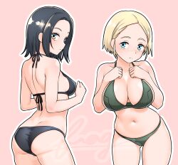 2girls absurdres ass back bikini black_bikini black_hair blue_eyes breasts commentary_request comoli_harcourt forehead furaggu_(frag_0416) gquuuuuux green_bikini gundam gundam_gquuuuuux hands_on_own_chest hands_up highres large_breasts medium_breasts multiple_girls navel parted_bangs pink_background short_hair standing stomach swimsuit thighs variant_set watermark