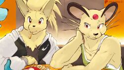 3boys animal_ears artist_name cat_boy cat_ears claws closed_mouth commentary english_commentary fang fang_out food food_in_mouth forehead_jewel fox_boy fox_ears french_fries furry furry_male gen_1_pokemon gen_4_pokemon glaceon grey_jacket jacket looking_at_another male_focus multiple_boys ninetales nintendo only_jerry open_mouth orange_eyes pawpads persian_(pokemon) pokemon pokemon_(creature) shirt sleeveless sleeveless_shirt upper_body whiskers