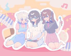 Rule 34 | 3girls, :d, ^ ^, barefoot, black shirt, blue overalls, blush, braid, brown hair, closed eyes, closed mouth, commentary, double bun, dress, green eyes, grey hair, hair bun, hanakuma chifuyu, hashtag-only commentary, highres, instrument, kneeling, koharu rikka, medium hair, multiple girls, musical note, natsuki karin, open mouth, outline, overalls, piano keys, pink shirt, pink skirt, pleated skirt, qixinnn, red eyes, shirt, side up bun, skirt, smile, socks, synthesizer v, twintails, white dress, white outline, white socks, xylophone