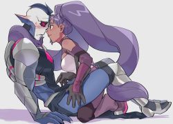 1boy 1girl assertive_female blue_hair boots claws dark_skin entrapta eye_contact gloves grey_background hordak long_hair looking_at_another masters_of_the_universe monster_boy pointy_ears poking prehensile_hair she-ra_and_the_princesses_of_power smile sweatdrop twintails very_long_hair yutaka7
