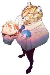 3boys animal_ears axel_syrios black_necktie blonde_hair blue_hair braid collared_shirt from_above furry furry_male highres holostars holostars_english makiei male_focus mini_person multicolored_hair multiple_boys necktie red_hair regis_altare shirt single_braid squeezing tiger tiger_boy tiger_ears toramane virtual_youtuber white_background white_shirt