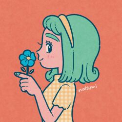 1girl artist_name blue_flower blush checkered_clothes closed_mouth commentary_request eyelashes flower from_side green_hair green_nails hairband highres holding holding_flower medium_hair nail_polish natsumi_color orange_background original profile_picture short_sleeves simple_background smile solo thick_eyebrows upper_body variant_set yellow_hairband