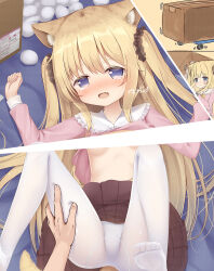 1girl 1other animal_ear_fluff animal_ears blonde_hair breasts brown_skirt cat_ears cat_girl fang hand_on_another&#039;s_thigh light_censor long_hair long_sleeves looking_at_viewer multiple_views open_mouth original paid_reward_available panties panties_under_pantyhose pantyhose pink_shirt pleated_skirt psyche3313 puffy_long_sleeves puffy_sleeves purple_eyes shirt signature skirt small_breasts tearing_up toes two_side_up underwear very_long_hair white_pantyhose