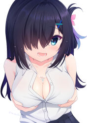 1girl :d bare_shoulders black_hair blue_eyes blush breast_focus breasts cleavage collarbone collared_shirt commentary_request grabbing_own_breast hair_ornament hair_over_one_eye hair_over_shoulder highres large_breasts long_bangs long_hair looking_at_viewer lower_teeth_only nanatsu_(na_na_tsu) naruka_mizuki_(nanatsu_(na_na_tsu)) one_eye_covered one_side_up open_mouth original partial_commentary partially_unbuttoned puddle shirt simple_background sleeveless sleeveless_shirt smile solo teeth twitter_username upper_body white_background white_shirt x_hair_ornament