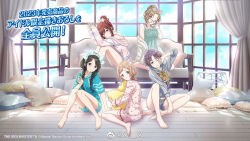 animal_print asakura_toru blue_eyes brown_hair couch curly_hair curtains dress glasses green_dress grey_shorts highres ichikawa_hinana idolmaster idolmaster_shiny_colors mitsumine_yuika multiple_girls official_art osaki_amana pillow sakuragi_mano short_hair shorts sleepwear tiger_print