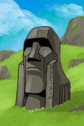artist_name blue_sky closed_mouth cloud cloudy_sky day grass makoto_ono megatron moai mountain no_humans outdoors rock scenery sky statue transformers