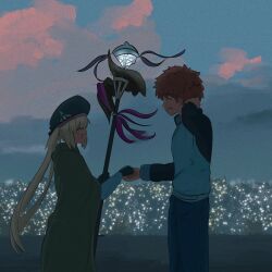 1boy 1girl alternate_universe arm_behind_head artoria_caster_(fate) artoria_caster_(second_ascension)_(fate) artoria_pendragon_(fate) black_jacket blue_pants cape capelet cloak commentary emiya_shirou english_commentary fate/grand_order fate/stay_night fate_(series) green_cloak hat holding holding_hands holding_staff jacket lamppost open_mouth outdoors pants profile red_hair self-upload shokobr smile staff staff_of_selection_(fate) takeuchi_takashi_(style) white_jacket