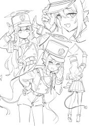 2girls arm_up armband blue_archive blush buttons ddal demon_tail double-breasted fang flag gloves halo hat highres hikari_(blue_archive) holding holding_flag lineart long_hair long_sleeves looking_at_viewer monochrome multiple_girls nozomi_(blue_archive) open_mouth pantyhose peaked_cap pointy_ears siblings sisters skin_fang tail train_conductor twins twintails very_long_hair