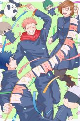 ^_^ banner biskos123 black_hair black_jacket black_legwear black_pants black_skirt blindfold brown_hair chibi closed_eyes closed_mouth confetti covered_eyes facial_mark feet_out_of_frame full_body fushiguro_megumi gakuran gojou_satoru green_background grin happy_birthday high_collar highres hood hood_down hoodie inumaki_toge itadori_yuuji jacket jujutsu_kaisen kugisaki_nobara long_sleeves looking_at_another multiple_boys open_mouth panda_(jujutsu_kaisen) pants pantyhose pink_hair red_hoodie school_uniform short_hair skirt smile spiked_hair swept_bangs white_hair zen&#039;in_maki