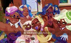 absurdres alternate_skin_color bare_shoulders callie_(splatoon) callie_(squid_sisters_outfit)_(splatoon) cephalopod_eyes colored_tongue dark-skinned_female dark_skin fangs frye_(splatoon) group_picture highres inkling marie_(splatoon) marie_(squid_sisters_outfit)_(splatoon) marina_(damp_socks_feat._off_the_hook)_(splatoon) marina_(splatoon) nintendo octoling one_eye_closed open_mouth pearl_(damp_socks_feat._off_the_hook)_(splatoon) pearl_(splatoon) purple_tongue saturn/eden_(saturnsorblt) selfie shiver_(splatoon) smile splatoon_(series) splatoon_1 splatoon_2 splatoon_3 suction_cups surprised tentacle_hair tongue tongue_out yellow_eyes