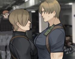 Rule 34 | 2boys, beret, black shirt, blonde hair, blue eyes, blue shirt, bulletproof vest, chest harness, closed mouth, commentary, dual persona, eye contact, grey pants, hair between eyes, hair over one eye, harness, hat, holster, jack krauser, large pectorals, leon s. kennedy, looking at another, male focus, motion lines, multiple boys, one eye covered, pants, pectorals, profile, red hat, resident evil, resident evil 2, resident evil 2 (remake), resident evil 4, resident evil 4 (remake), scar, scar across eye, scar on face, shirt, short sleeves, shoulder holster, skin tight, songyeerhu, sweat, sweatdrop, time paradox, upper body, vest