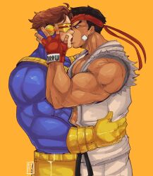 2boys blue_bodysuit bodysuit brown_hair capcom cyclops_(x-men) dougi gloves head-mounted_display headband highres kiss male_focus martial_arts_belt marvel marvel_vs._capcom marvel_vs._capcom_2 mask multiple_boys muscular muscular_male noodleshopkenz red_headband ryu_(street_fighter) short_hair simple_background street_fighter superhero_costume x-men yaoi yellow_gloves