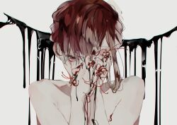 1girl bare_shoulders black_liquid blood bloody_tears brown_eyes brown_hair clenched_hands commentary_request flower glaring grey_background hand_over_eye hands_up highres holding holding_flower long_hair looking_at_viewer melting one_eye_covered original own_hands_together solo spider_lily syokuuuuuuuuumura upper_body