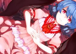 1girl adapted_costume ascot blue_hair breasts brooch closed_mouth collared_shirt frilled_shirt_collar frills interlocked_fingers jewelry looking_at_viewer lying medium_hair on_back ori_(foxdie) own_hands_together partially_submerged pink_shirt pink_skirt puffy_short_sleeves puffy_sleeves red_ascot red_brooch red_eyes red_ribbon remilia_scarlet ribbon shirt short_sleeves skirt sleeve_ribbon small_breasts solo touhou water