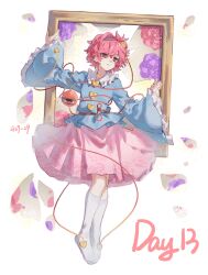 1girl absurdres black_hairband blue_shirt buttons chinese_commentary collared_shirt commentary_request english_text floral_print frilled_sleeves frills full_body hairband heart_button highres kneehighs komeiji_satori light_particles long_sleeves no_shoes picture_frame pink_hair pink_skirt print_skirt rddumpling red_eyes shirt short_hair skirt socks solo third_eye touhou white_socks wide_sleeves