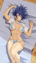 bed bikini blue_hair ikari_warriors leona_heidern mercenary snk swimsuit the_king_of_fighters