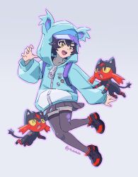 1girl absurdres black_hair blue_hat blurry blurry_background cat closed_eyes commentary_request day fang gen_7_pokemon grass hair_between_eyes hat highres hood hood_up hoodie knees_together_feet_apart litten nintendo nyabiko_(pokemon) open_mouth pokemon pokemon_(anime) pokemon_(creature) pokemon_horizons short_hair signature skirt smile thighhighs tongue yibuzhai