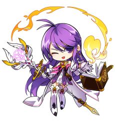 1girl absurdres aisha_landar antenna_hair bare_shoulders book boots bow bowtie brooch chibi collared_dress dress elsword eyelashes game_cg gloves grimoire hair_between_eyes happy high_collar highres holding holding_staff hwansang jewelry long_hair long_sleeves magic official_art one_eye_closed open_book open_mouth pink_bow pink_bowtie purple_eyes purple_hair robe second-party_source short_dress smile solo staff standing swept_bangs tachi-e tareme thigh_boots transparent_background v-shaped_eyebrows very_long_hair white_boots white_dress white_gloves white_robe
