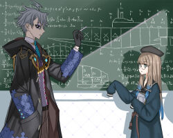ahoge aqua_eyes beret black_eyes black_gloves blonde_hair chalk chalkboard fate/grand_order fate_(series) glasses gloves grey_hair hand_in_pocket hat highres holding holding_chalk honjou_raita hood hooded_coat james_moriarty_(ruler)_(fate) lightning_ahoge long_sleeves math mole mole_under_mouth necktie nemo_(fate) professor_nemo_(fate) puzzle_piece_print sleeves_past_fingers sleeves_past_wrists