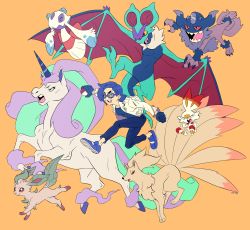 1girl dana_terrace froslass galarian_form galarian_rapidash gen_1_pokemon gen_4_pokemon gen_6_pokemon gen_8_pokemon glasses highres horns jacket leafeon ninetales nintendo noivern open_mouth perrserker poke_ball poke_ball_(basic) pokemon pokemon_(creature) running scorbunny single_horn wings