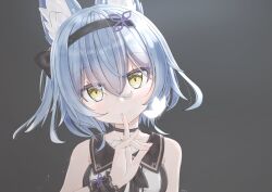 1girl absurdres animal_ear_fluff animal_ears bare_shoulders black_background black_bow black_choker black_hairband black_sailor_collar blue_hair blush bow breasts bug butterfly choker closed_mouth dress eyes_visible_through_hair finger_to_mouth fingernails fox_ears fox_shadow_puppet hair_between_eyes hairband hand_up head_tilt highres insect looking_at_viewer sailor_collar shirt short_hair simple_background sleeveless sleeveless_dress sleeveless_shirt smile solo upper_body user_njrt5237 vrchat white_butterfly wrist_cuffs yellow_eyes yuuko-zoku_no_onee-chan