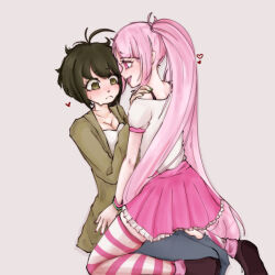 2girls aged_up ahoge black_footwear blue_pants blush bra_strap breasts brown_hair brown_jacket cleavage closed_mouth collarbone danganronpa_(series) danganronpa_another_episode:_ultra_despair_girls denim eyebrows eyelashes female_focus fingernails frown green_eyes green_nails grey_background hands_on_another&#039;s_shoulders heart highres imaginaryiand jacket jeans long_sleeved_jacket long_sleeves looking_at_another messy_hair multiple_girls naegi_komaru nail_polish open_mouth pants pink_nails pink_shirt pink_stripes pink_thighhighs pleated_skirt shirt short_sleeves simple_background skirt straddling striped_clothes striped_thighhighs sweat sweatdrop thighhighs torn_clothes torn_jeans torn_pants twintails utsugi_kotoko white_shirt white_stripes white_thighhighs wristband yuri