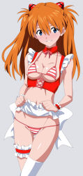 1girl apron bare_shoulders bikini bikini_under_clothes blue_eyes breasts clothes_lift highres jaaaan lifting_own_clothes long_hair lowleg lowleg_bikini maid maid_apron medium_breasts micro_bikini navel neon_genesis_evangelion open_clothes orange_hair red_bikini shiny_skin simple_background skirt skirt_lift smile solo souryuu_asuka_langley standing stomach striped_bikini striped_clothes swimsuit thighs thong thong_bikini two_side_up unconventional_maid undressing