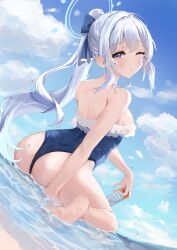 1girl absurdres ass blue_archive blue_one-piece_swimsuit blue_sky breasts casual_one-piece_swimsuit cloud d244 day dutch_angle frilled_one-piece_swimsuit frills from_behind highres long_hair looking_at_viewer lotion miyako_(blue_archive) miyako_(swimsuit)_(blue_archive) off-shoulder_one-piece_swimsuit off_shoulder official_alternate_costume one-piece_swimsuit one_eye_closed outdoors ponytail purple_eyes sky solo sunscreen swimsuit two-tone_one-piece_swimsuit waves white_hair
