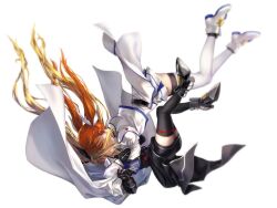Rule 34 | 2girls, black ribbon, blonde hair, couple, fate testarossa, hair ribbon, highres, holding hands, interlocked fingers, kiss, lyrical nanoha, mahou shoujo lyrical nanoha, multiple girls, orange hair, ribbon, simple background, skirt, takamachi nanoha, takekawa shin, thighhighs, thighs, twintails, white background, white ribbon, yuri
