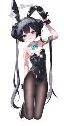 1girl absurdres animal_ear_hairband animal_ears aqua_bow aqua_bowtie bare_shoulders black_eyes black_gloves black_hair black_leotard black_pantyhose black_wrist_cuffs blue_archive blush bow bowtie breasts butterfly_hair_ornament commentary_request covered_navel detached_collar double_bun fake_animal_ears gloves grey_halo hair_bun hair_ornament hairband half_gloves halo highres j.j_(66752902) kisaki_(blue_archive) kneeling leotard long_hair looking_at_viewer open_mouth pantyhose playboy_bunny rabbit_ears rabbit_tail simple_background small_breasts solo strapless strapless_leotard tail twintails white_background wrist_cuffs
