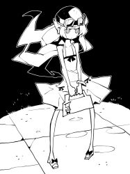 Rule 34 | 1girl, bakemonogatari, dowman sayman, dress, expressionless, goggles, goggles on headwear, helmet, highres, long hair, monochrome, monogatari (series), oshino shinobu, ringed eyes, solo, sundress