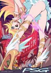 1boy 1girl ahoge aroused_nosebleed artist_name ass bent_over blonde_hair blood blue_eyes brief_(psg) building car city commentary_request copyright_name covered_eyes crying dated dress ear_piercing feet foreshortening from_below gladiator_sandals gold_sandals hair_over_eyes hair_over_one_eye headphones heart high_heel_sandals highres long_hair looking_at_viewer looking_down motor_vehicle nail_polish nosebleed one_eye_covered open_mouth orange_hair outdoors palm_tree panties panty_&amp;_stocking_with_garterbelt panty_(psg) panty_pull piercing pink_panties pulling_own_clothes red_nails sandals shoes signature simonori smile solo_focus speech_bubble standing streaming_tears tears toenail_polish toenails toes tree underwear very_long_hair white_dress winged_shoes wings
