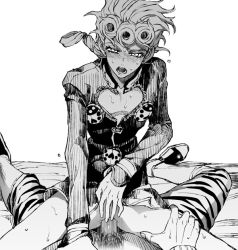 2boys anal bottomless cleavage_cutout clothing_cutout giorno_giovanna guido_mista heart heart_cutout jojo_no_kimyou_na_bouken looking_at_viewer male_focus male_penetrated monochrome multiple_boys on_bed penis pov solo_focus sweat victory_rolls yaoi zakki
