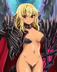1girl armor blonde_hair breasts cape clenched_hand commentary_request cowboy_shot dark-skinned_female dark_skin gauntlets maebari medium_breasts navel original pointy_ears red_cape red_eyes smile solo tanaka_gorbachev unfinished