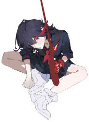 1girl absurdres bare_legs black_hair gloves highres kill_la_kill red_hair school_uniform shoes skirt sneakers solo yarr