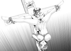 1girl :o absurdres akiha55555 arms_behind_back bar_censor bdsm bishoujo_senshi_sailor_moon bondage bound bound_ankles breasts censored commentary_request completely_nude cross crown_of_thorns crucifix crucifixion cum cum_in_pussy cum_on_body cum_on_lower_body female_pubic_hair highres jesus_christ large_breasts looking_at_viewer mizuno_ami monochrome nail_(hardware) navel nipples nude pubic_hair pussy rope sailor_mercury shibari short_hair sign solo spread_pussy statue sweat upside-down