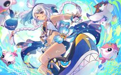 1girl :p bare_shoulders bike_shorts bird blue_hairband blue_shorts braid crop_top dark-skinned_female dark_skin fingerless_gloves floating_hair genshin_impact gloves grey_hair hairband koholasaurus_(genshin_impact) looking_at_viewer maron_star mualani_(genshin_impact) one_eye_closed orange_eyes shark shorts smile stomach surfing symbol-shaped_pupils tan tanline tongue tongue_out twin_braids water white_gloves