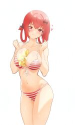 Rule 34 | 1girl, banana, bat hair ornament, bikini, blush, breasts, breasts squeezed together, cleavage, clenched hands, closed mouth, collarbone, food, food between breasts, fruit, gabriel dropout, hair ornament, hair rings, hands up, heart, highres, hitorilily, large breasts, looking at viewer, navel, red bikini, red hair, satanichia kurumizawa mcdowell, short hair, side-tie bikini bottom, simple background, solo, standing, string bikini, striped bikini, striped clothes, swimsuit, white background, white bikini