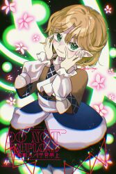 Rule 34 | 1girl, arm warmers, black skirt, blonde hair, blush, brown shirt, commentary, cowboy shot, danmaku, green eyes, hands on own cheeks, hands on own face, highres, katsuragi atori, looking at viewer, mizuhashi parsee, pointy ears, sash, scarf, shirt, short hair, short sleeves, skirt, solo, touhou, watermark, white sash, white scarf