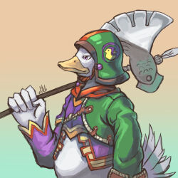 1boy absurdres asymmetrical_clothes axe beak commentary duck_boy english_commentary errantsquam from_side furry furry_male gensou_suikoden gensou_suikoden_iii gradient_background green_helmet helmet highres holding holding_axe male_focus purple_eyes sgt_joe signature solo upper_body