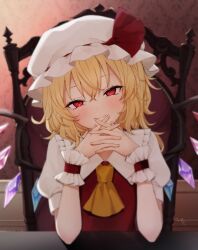 1girl ascot blonde_hair blush closed_mouth collared_shirt crystal flandre_scarlet hair_between_eyes hat highres hiwokawa long_hair looking_at_viewer mob_cap one_side_up orange_ascot puffy_short_sleeves puffy_sleeves red_eyes shirt short_sleeves signature smile solo touhou upper_body white_hat white_shirt wings wrist_cuffs