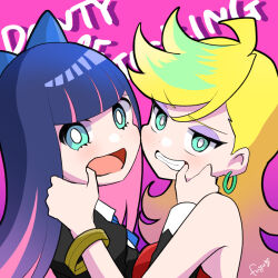 2girls absurdres artist_name blonde_hair blue_eyes blunt_bangs colored_inner_hair dress earrings eyeliner fuyukusa_1 hand_on_another&#039;s_mouth highres jewelry long_hair looking_at_viewer makeup multicolored_hair multiple_girls open_mouth panty_&amp;_stocking_with_garterbelt panty_(psg) pink_background pink_hair purple_eyeliner purple_hair stocking_(psg) teeth two-tone_hair upper_body