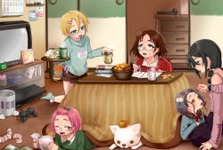 2boys 3girls :3 :d bad_id bad_pixiv_id bangs_pinned_back bare_shoulders black_eyes black_skirt blonde_hair blue_eyes blue_sweater bow brown_hair calendar_(object) character_request child closed_eyes crossdressing cup dog drawer fang feeding food fruit fur_collar game_console glasses green_sweater grey_hair hair_between_eyes hair_bow hair_ornament hairclip heater highres indoors jacket jiishiki_kajou_(ukagaka) kneeling kotatsu long_hair long_sleeves looking_at_another low_twintails lying mandarin_orange miniskirt multiple_boys multiple_girls nikubou_maranoshin notebook on_floor on_stomach open_mouth original pen phone pink_hair playstation_2 pom_pom_(clothes) pom_pom_hair_ornament reading red_jacket ribbed_sweater short_hair short_shorts shorts sitting skirt slice_of_life sliding_doors smile socks sweatdrop sweater table tea teapot television track_jacket trap tray twintails ukagaka under_kotatsu under_table used_tissue yellow_eyes yume_nikki_(ukagaka) yunomi