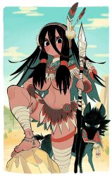 1girl animal anklet bandaged_leg bandages barefoot bead_anklet beads black_eyes black_hair blue_eyes blue_hair blue_nails blue_sky blush breasts cactus charm_(object) closed_mouth cloud dark-skinned_female dark_skin day desert dreamcatcher feathers gashi-gashi hair_between_eyes hair_censor hair_tubes hairband highres holding holding_polearm holding_weapon jewelry large_breasts leg_up long_hair looking_at_viewer multicolored_hair nail_polish native_american necklace original outdoors polearm rock sidelocks skirt sky solo spear thigh_strap toenail_polish toenails very_long_hair weapon wolf