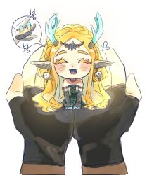 1boy 1girl :3 animal_ears armlet bad_tag bare_shoulders black_gloves blonde_hair blush braid child choker circlet closed_eyes colored_eyelashes crown_braid didi_en_ilu dragon_ears dragon_girl dragon_horns dragon_tail dress earrings fangs fingerless_gloves gloves highres horns in_palm jewelry kneeling link long_hair nintendo open_mouth princess_zelda sidelocks strapless strapless_dress tail tail_wagging the_legend_of_zelda the_legend_of_zelda:_tears_of_the_kingdom thick_eyebrows two-tone_dress white_background