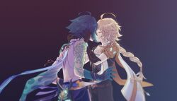 2boys aether_(genshin_impact) affectionate ahoge aqua_hair arm_tattoo armor artist_name backlighting bead_necklace beads belt blonde_hair blurry cape closed_eyes cropped_torso depth_of_field detached_sleeves earrings genshin_impact gloves glowing highres jewelry kiss ll_gray_ll long_hair looking_at_another male_focus mask multicolored_hair multiple_boys necklace purple_background scarf self-upload short_hair single_bare_shoulder single_earring standing surprise_kiss surprised tassel tattoo two-tone_hair wind xiao_(genshin_impact) yaoi