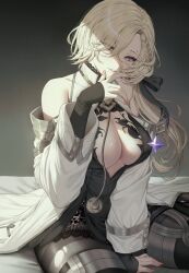 1girl bed_sheet black_dress blonde_hair braid breasts cleavage coat coronis_(stella_sora) dress highres large_breasts long_hair long_sleeves looking_at_viewer mole mole_above_eye nompang pantyhose purple_eyes sitting sleeveless smile solo stella_sora thighs white_coat